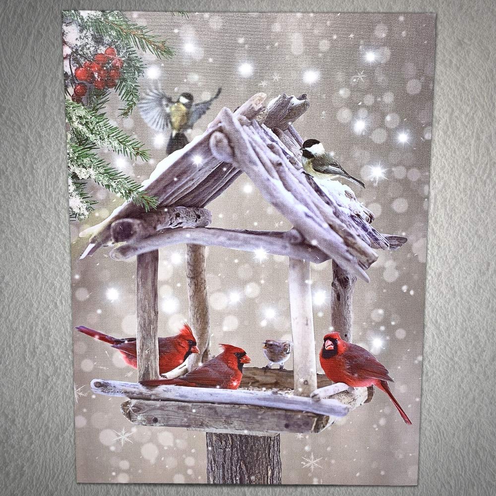 BANBERRY DESIGNS Lighted Cardinals Canvas Print with Rustic Bird Feeder - Berries Snowy LED Winter Scene - 20 Fiber Optic Lights - Wall Art - Measures 15.75" x 11.75"