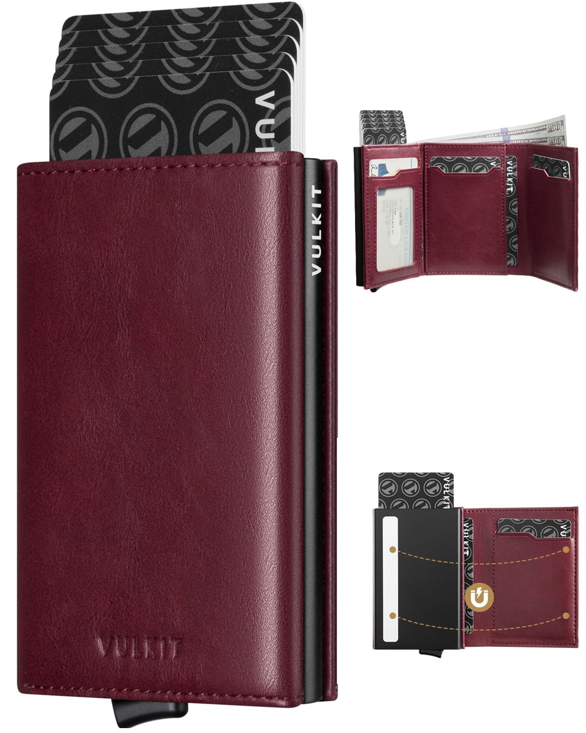 VULKIT Pop up Card Wallet Minimalist Cash Wallets RFID Blocking Leather Smart Credit Card Holder with ID window for Men(Wine)