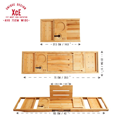 XcE Foldable Bamboo Bathtub Caddy Tray - Expandable to 41 Inches with Non-Slip Pads & Book Stand for Couples Luxury Bath