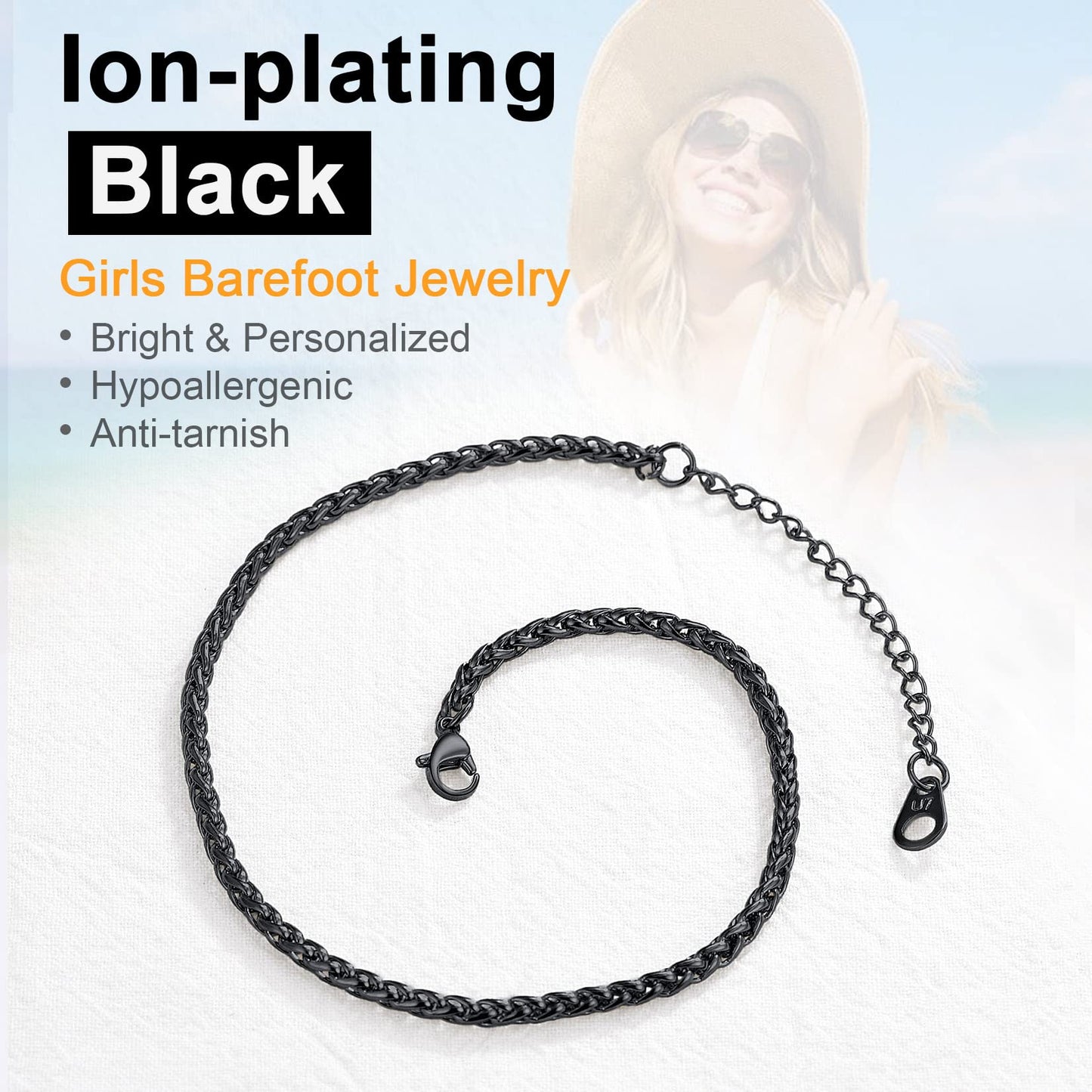 U7 Black Ankle Chains for Women Girl Foot Jewellery Stainless Steel Summer Anklet Bracelet