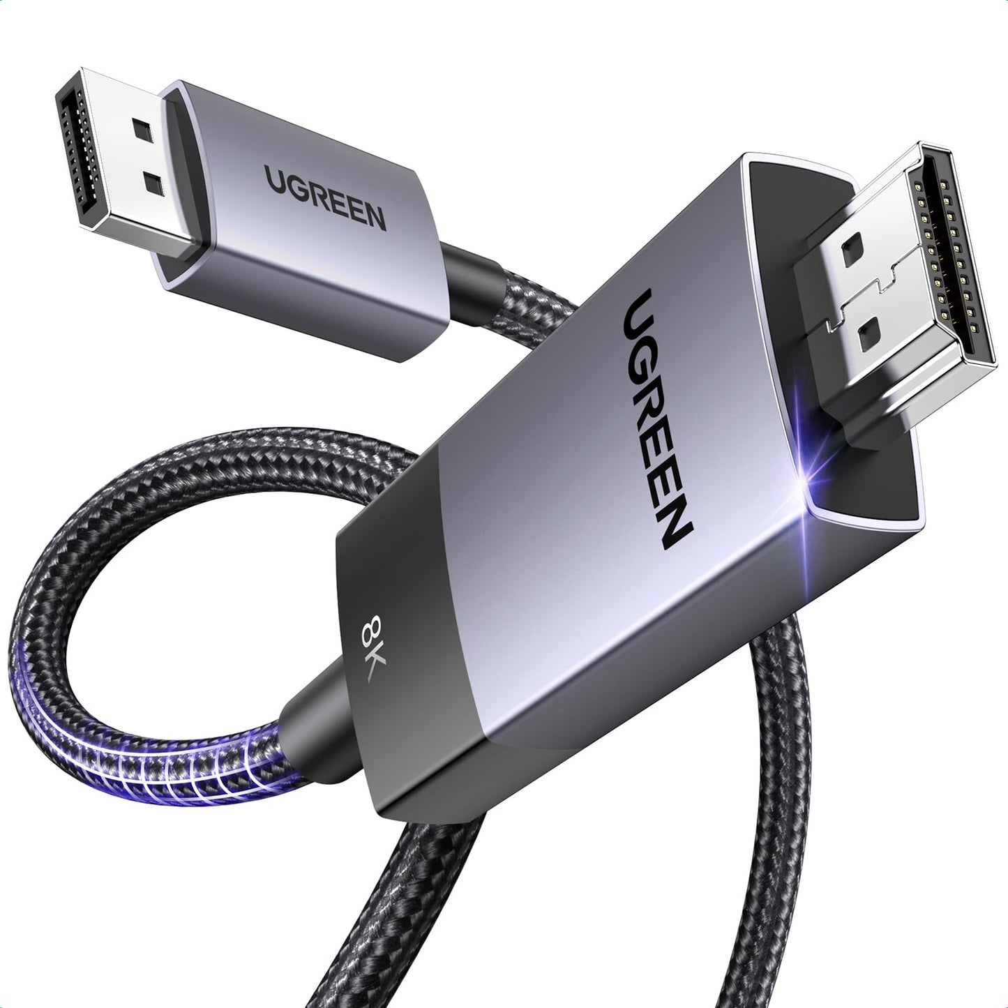 UGREEN Uni-Directional DisplayPort to HDMI Cable Braided 8K@60Hz, 4K@120Hz, 2K@240Hz DP 1.4 to HDMI 2.1 Male to Male Support 3D/HDCP 2.3/Active HDR Multi-Screen for Monitor Projector Laptop (2M)