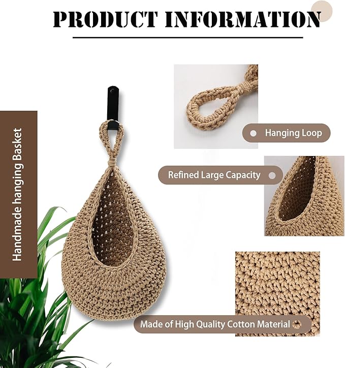 Hanging Fruit Basket Set of 3, Boho Wall Hanging Storage Jute Basket