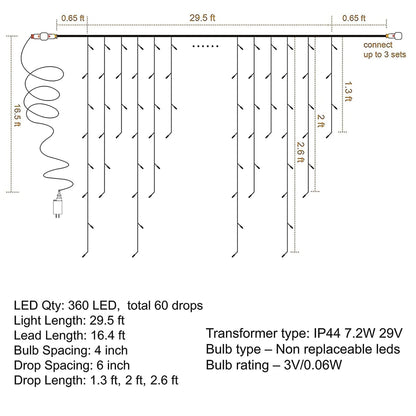 Dazzle Bright 360 LED Christmas Icicle Lights, 29.5 FT 8 Modes Curtain Fairy Lights with 60 Drops, Connectable Xmas String Lights for Outside Holiday Wedding Party Decorations (White)