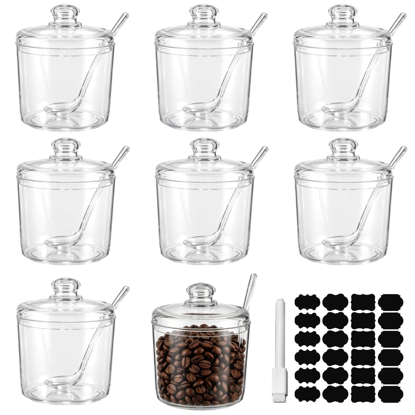 Homaisson 12 PCS Ice Cream Topping Containers with Lids - 10.8 oz Clear Sugar Bowl for Countertop with Lid and Spoon, 320 ml Canisters with 24 Labels & Pen for Coffee Tea Tea Spice