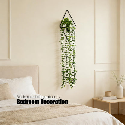 GREENTIME 2 Pack Fake Succulent Plants Hanging Artificial Ivy Vine with Black Diamond Metal Hanging Vase Faux Hanging Eucalyptus for Teacher Appreciation Living Room Bedroom Boho Kitche Wall Shelf
