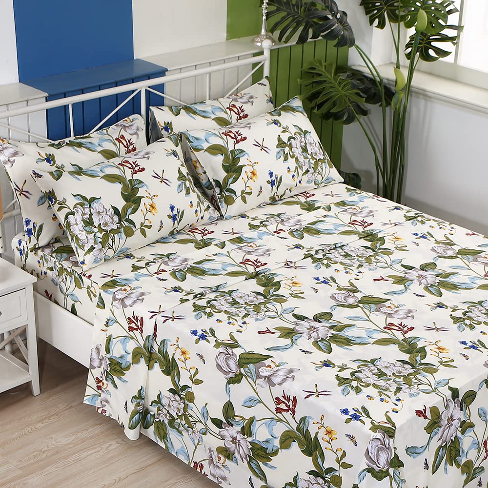 FADFAY Shabby Floral Sheets King 100% Cotton 600 TC White Flower and Green Leaves Bedding Vintage Garden Botanical Print Country Side Bed Sheet Soft Deep Pocket Sheet 17.5'',Beige