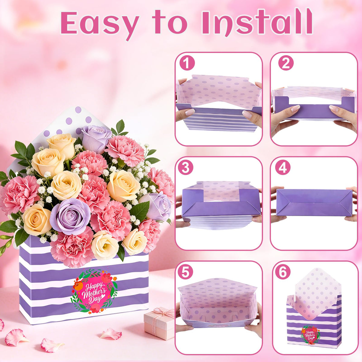 12 Pcs Gifts for Mothers Day Florist Box Mothers Day Bouquet Envelope Boxes Stripe Mother Gifts Floral Envelope Boxes Paper,Flower Bouquet Packaging Gift Box Wrapping for Wedding Birthday Party Decoration