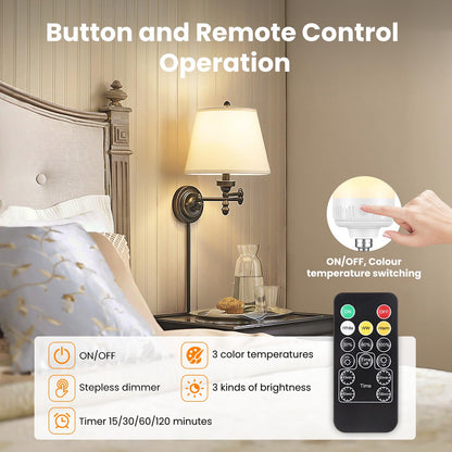 LGMCF Rechargeable Light Bulb, E14 Dimmable Light Bulb with Magnetic Base Detachable, 3 Color 6W Portable Battery Operated Bulbs with Remote Control & Timer for Non Hardwired Lamps, Emergency, 2 Pack