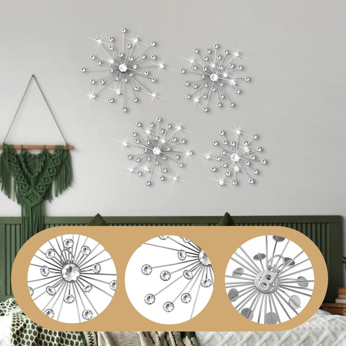 Funnymoom 4 Pcs Silver Starburst Wall Decor Metal Bling Wall Art Crystal Silver Sparkling Rhinestones Bling Decorative Hanging Diamond for Living Room Bedroom Home Office