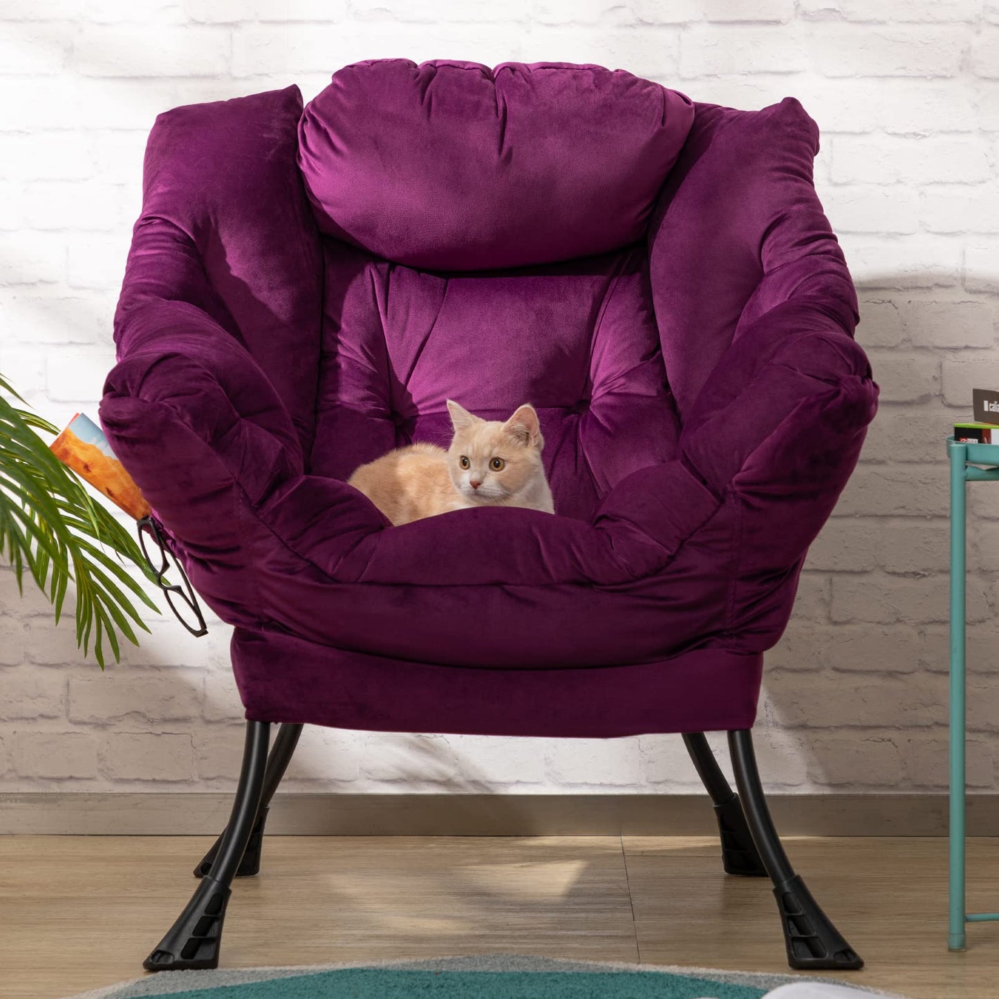 HollyHOME Lazy Chair with Armrest and Side Pocket, Comfy Accent Lounge Chair,Leisure Sofa Armchair for Living Room, Bedroom, Dorm, or Small Spaces, Oversized Reading Sofa Chair,Velvet Deep Purple