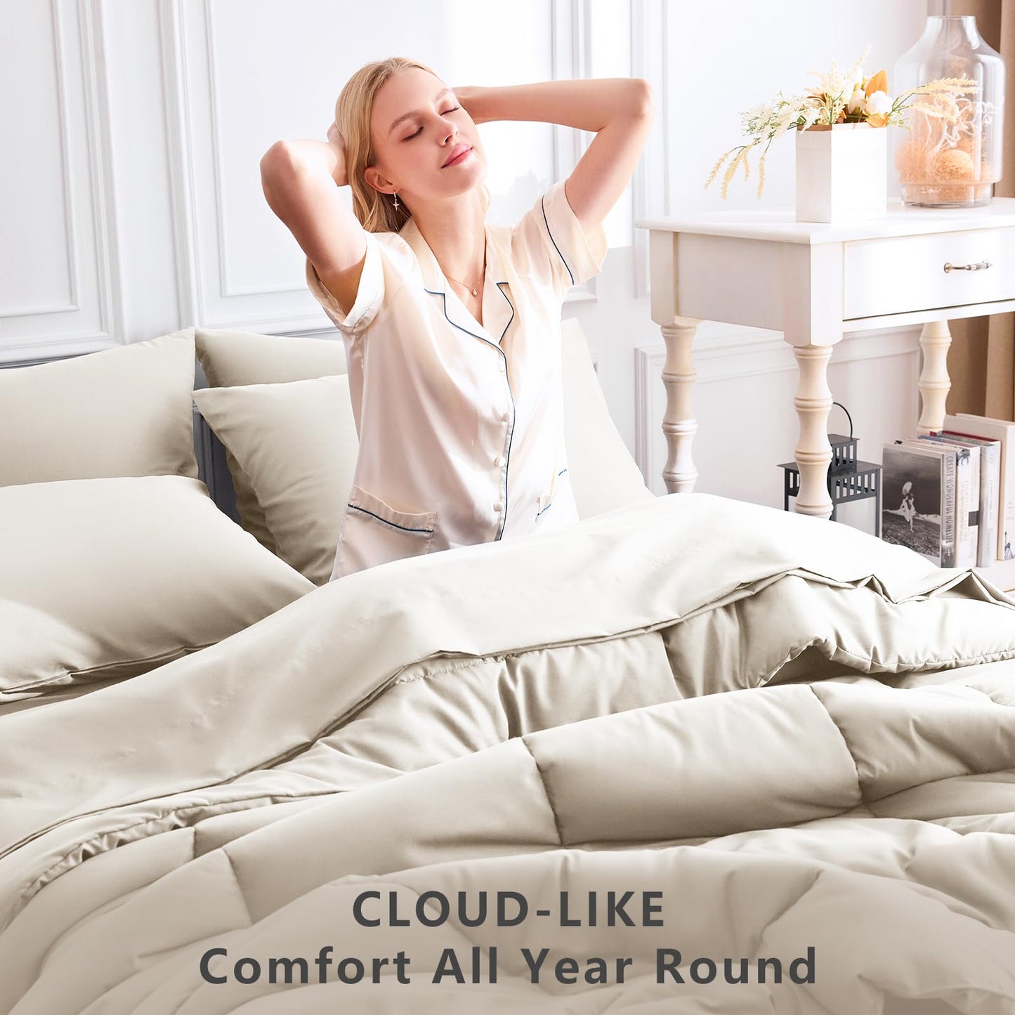 CozyLux Queen Comforter Set Beige, 7 Pieces Bed in a Bag, Beige Comforters Queen Size, All Season Bedding Sets with Stitch Quilted Comforter, Flat Sheet, Fitted Sheet, Pillowcases