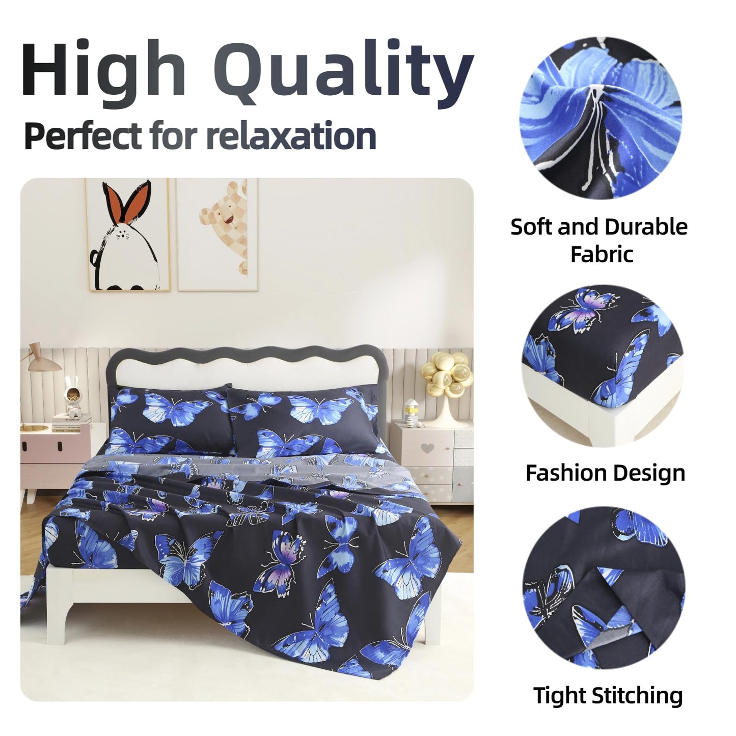 SDY 4 Pieces Butterfly Bed Sheet Sets Full Size,Super Cute Microfiber Bed Sheets for Boys, Girls, Kids and Toddler, Bed in A Bag Packaged with 1 Fitted Sheet+ 1 Top Flat Sheet + 2 Pillowcases