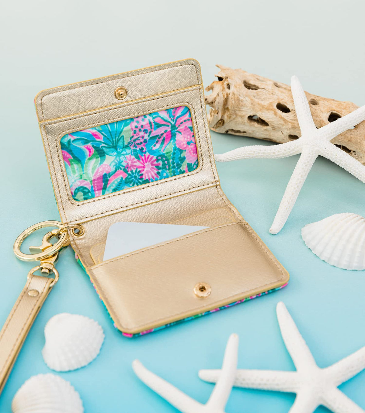 Lilly Pulitzer Snap ID Card Case, Cute Blue Keychain Wallet, Slim Credit Card Holder with Wristlet Strap, Golden Hour