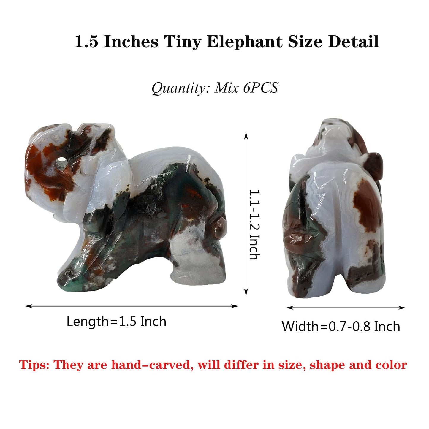 Wemeki Gemstone Elephant Figurines Mix 6PCS, Hand Carved Statue Healing Crystal Guardian Stones for Home Decorations 1.5''
