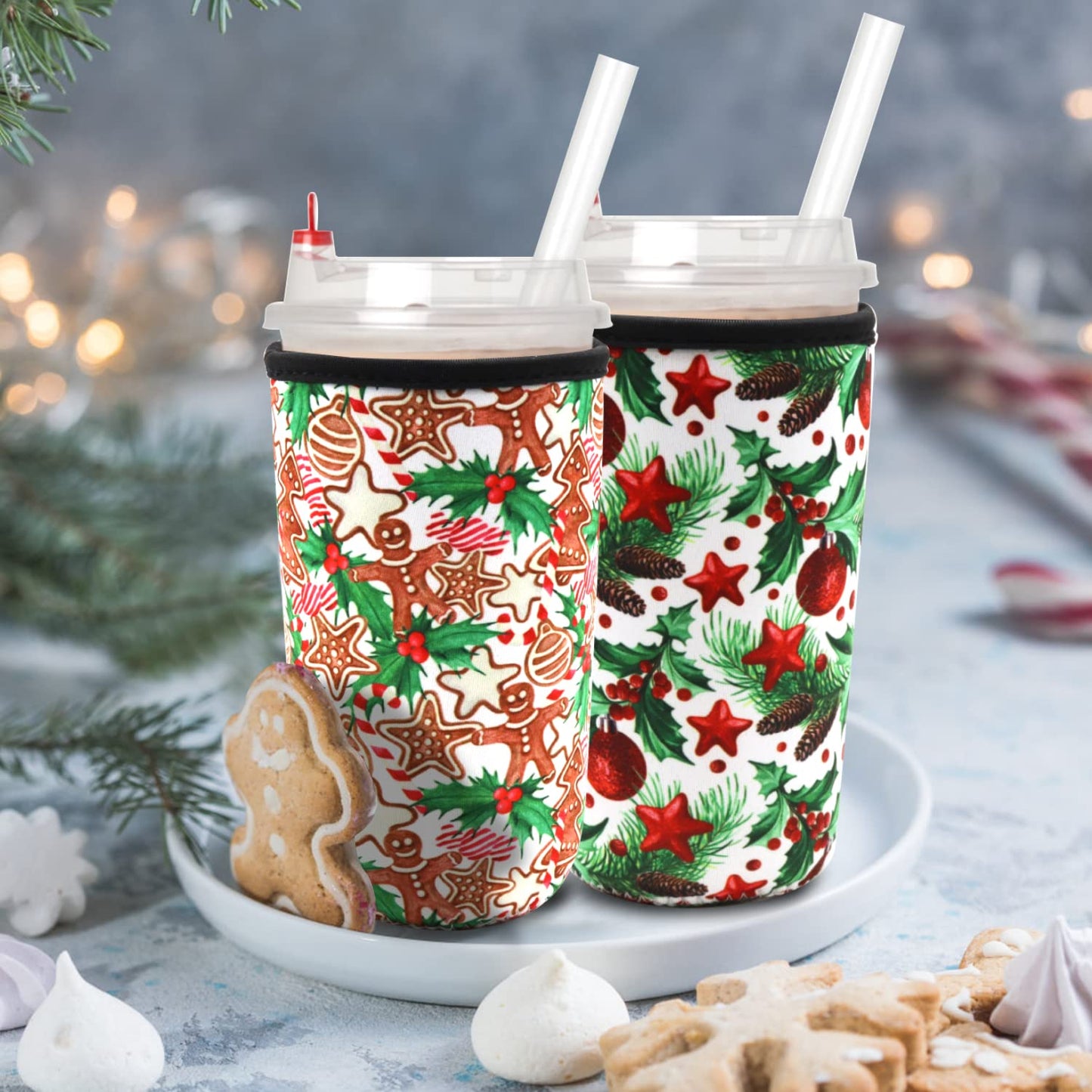 Reusable Iced Coffee Sleeve for Cold Drink Cups, Neoprene Insulator Cup Cover Holder Compatible with Starbucks Dunkin McDonalds Coffee - 3mm Thick (Large Size 30-32oz,Christmas tree style)