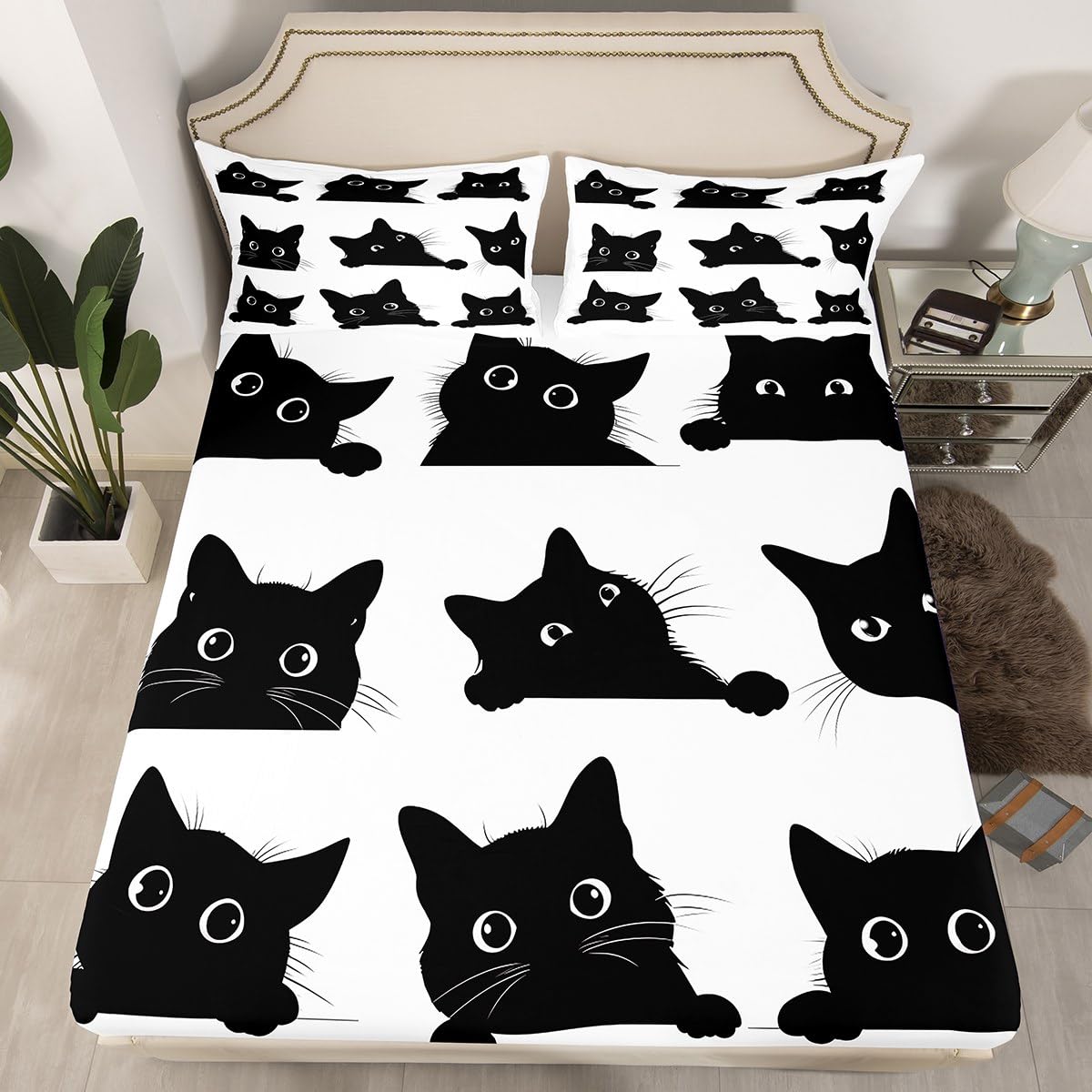 Feelyou Black Cat Bed Sheet Set for Kids Boys Girls Pet Cats Pattern Fitted Sheet Cute Kitten Print Bedding Set 3D Animal Theme Bed Cover Bedroom Decor 3Pcs Full Size White