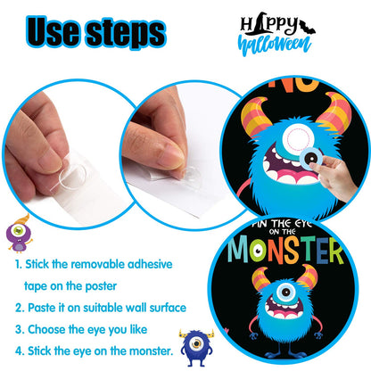 MISS FANTASY Halloween Games Kids - Pin The Eye on The Monster Halloween Party Decorations Gmaes Activities Crafts Supplies for Monster Birthday Family Children Boys Girls Classroom