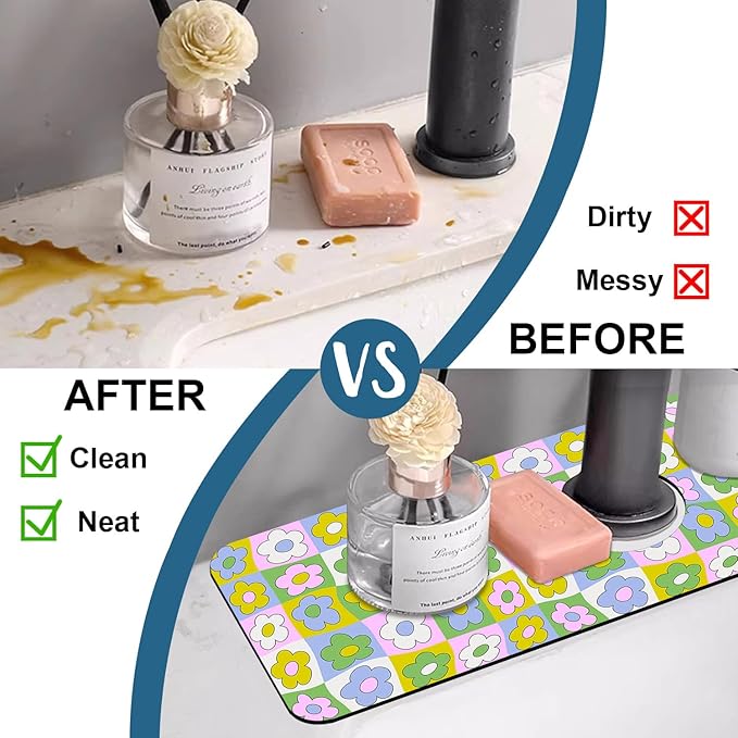 Cute Flowers Kitchen Sink Splash Guard Faucet Mat Retro Floral Super Absorbent