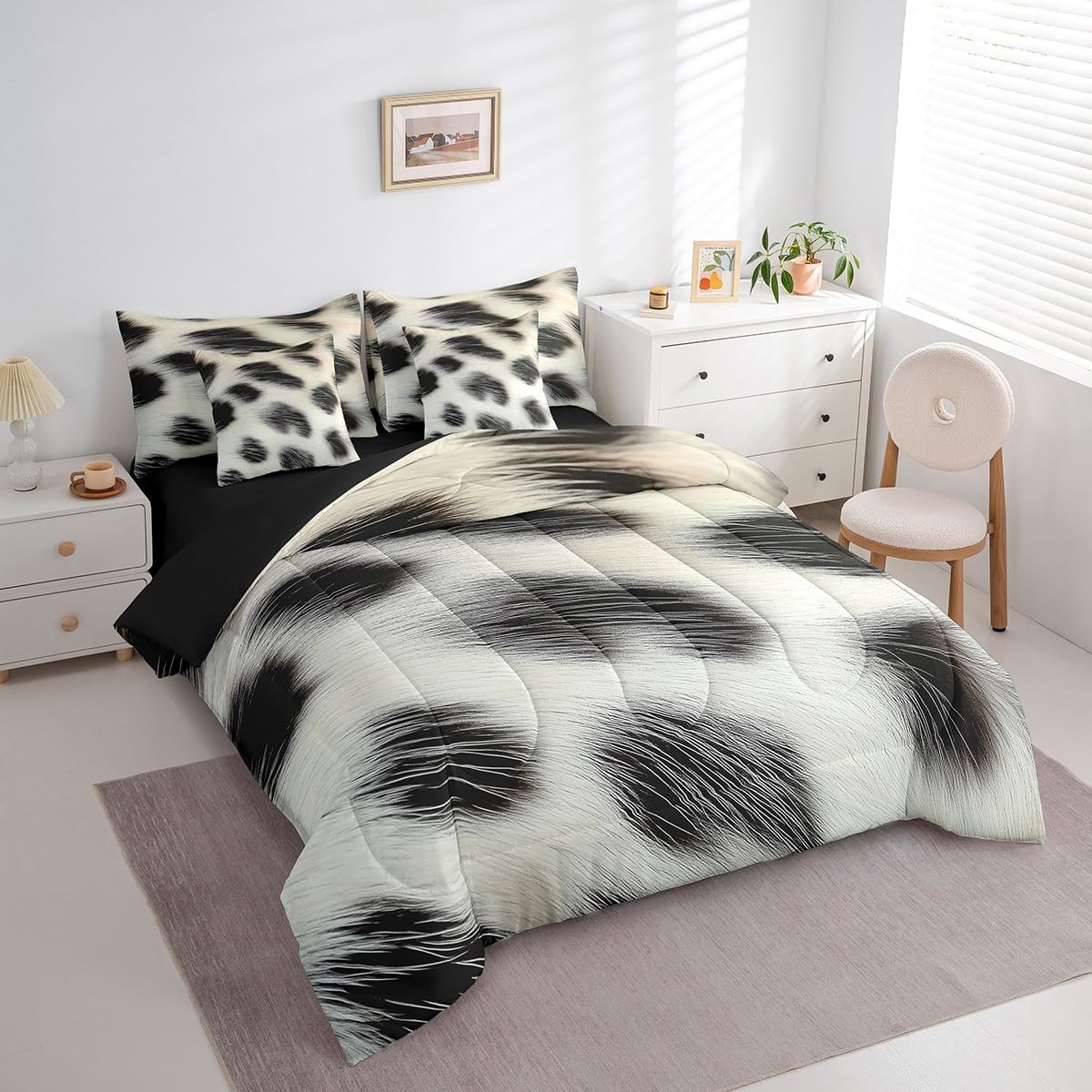 Erosebridal Cowhide Comforter Set Twin Size for Boys Cute Cow Print Bedding Set 7 Piece Western Cowboy Bed in A Bag for Kids Teens Youth Women Room Farmhouse Animal Hair Sheets, Breathable