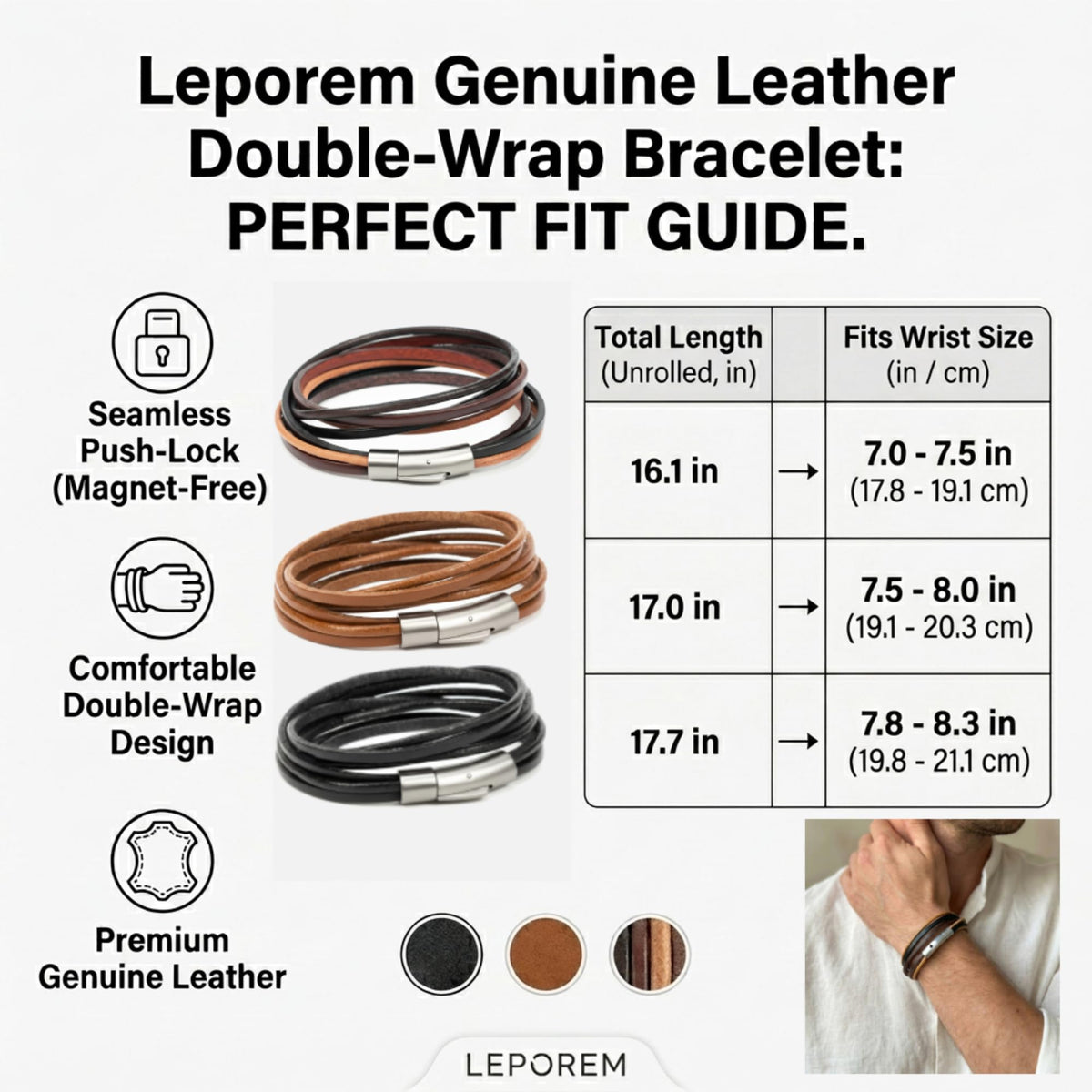 Leporem Unisex Genuine Cowhide Leather Wrap Bracelet Choker Minimalist Push-Lock Clasp Premium Surgical Steel Wristband 17.7 Inch Brown Gift Box (Brown, 17.7 Inches)