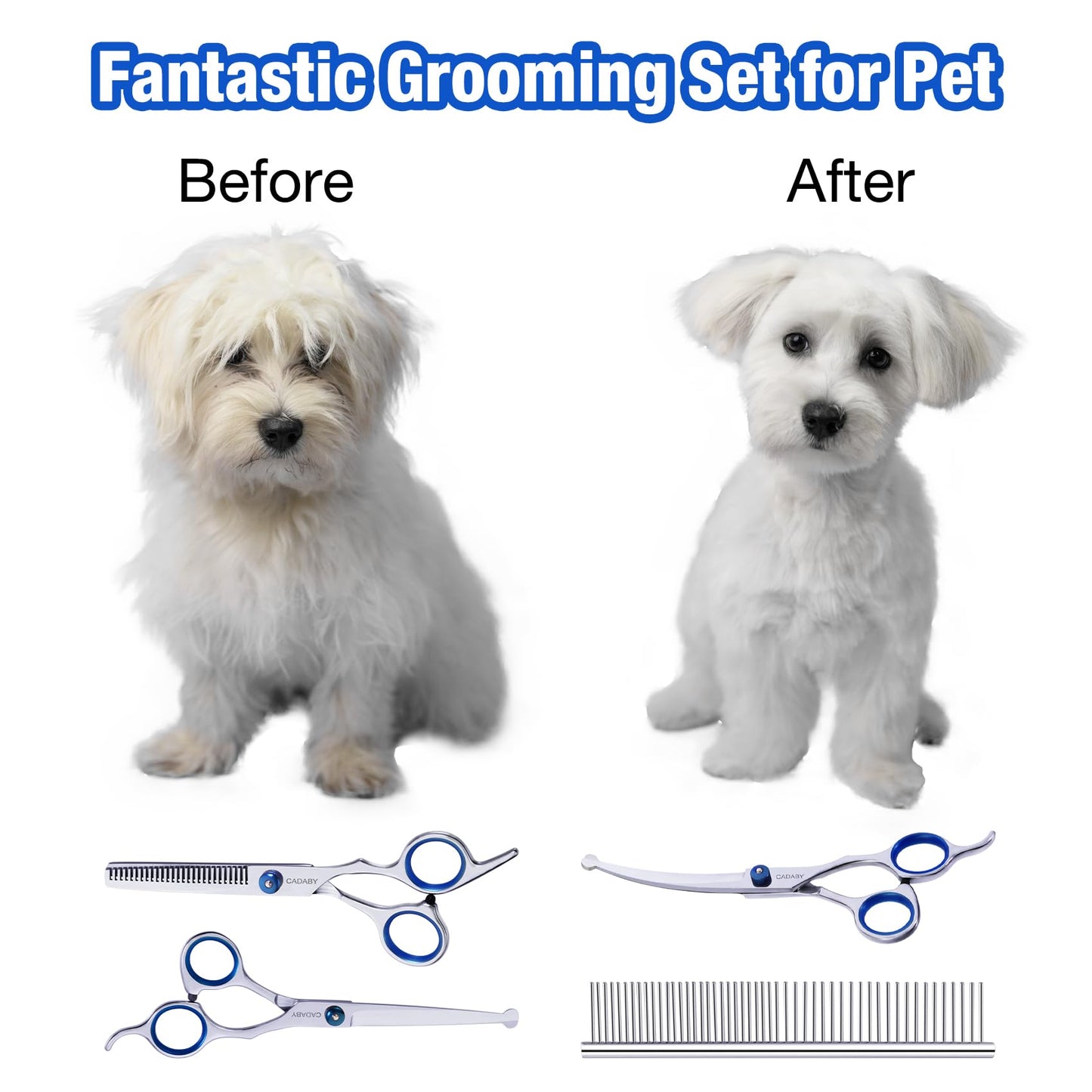 CADABY 5 in 1 Dog Grooming Scissors with Safety Round Tips,Dog Grooming Scissors Kit, 4CR Stainless Steel Professional Pet Grooming Shears for Dog, Cat,Sharp and Durable
