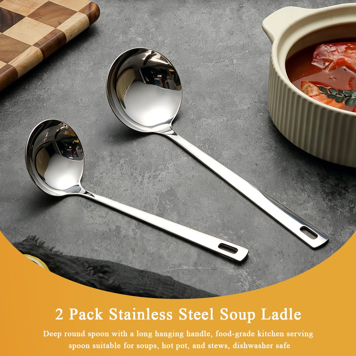 Kyraton 2 Piece Soup Ladle Set, 11.8" Large & 9.6" Small Stainless Steel Ladles, One-Piece Ergonomic Cooking Spoons, Dishwasher Safe Heavy Duty Serving Utensils for Home Kitchen Soup Sauce Noodle