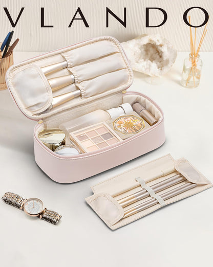 Vlando Makeup Travel Bag,Small Makeup Bag for Women,Gifts for Women Girls, Makeup Pouch Purse Travel Essentials Toiletries-Apricot Pink