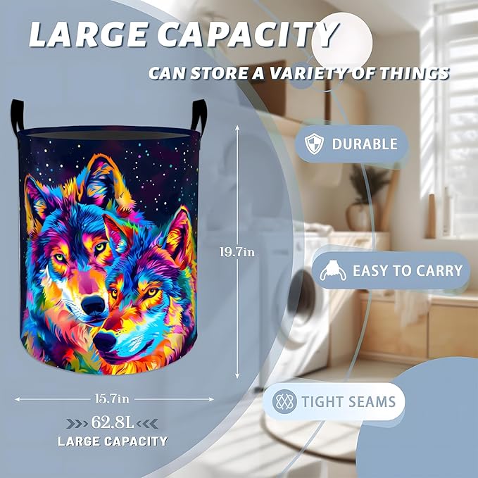 Neon Wolf with Vibrant Color Laundry Basket with Handles, 19.7"x15.7" Clothes