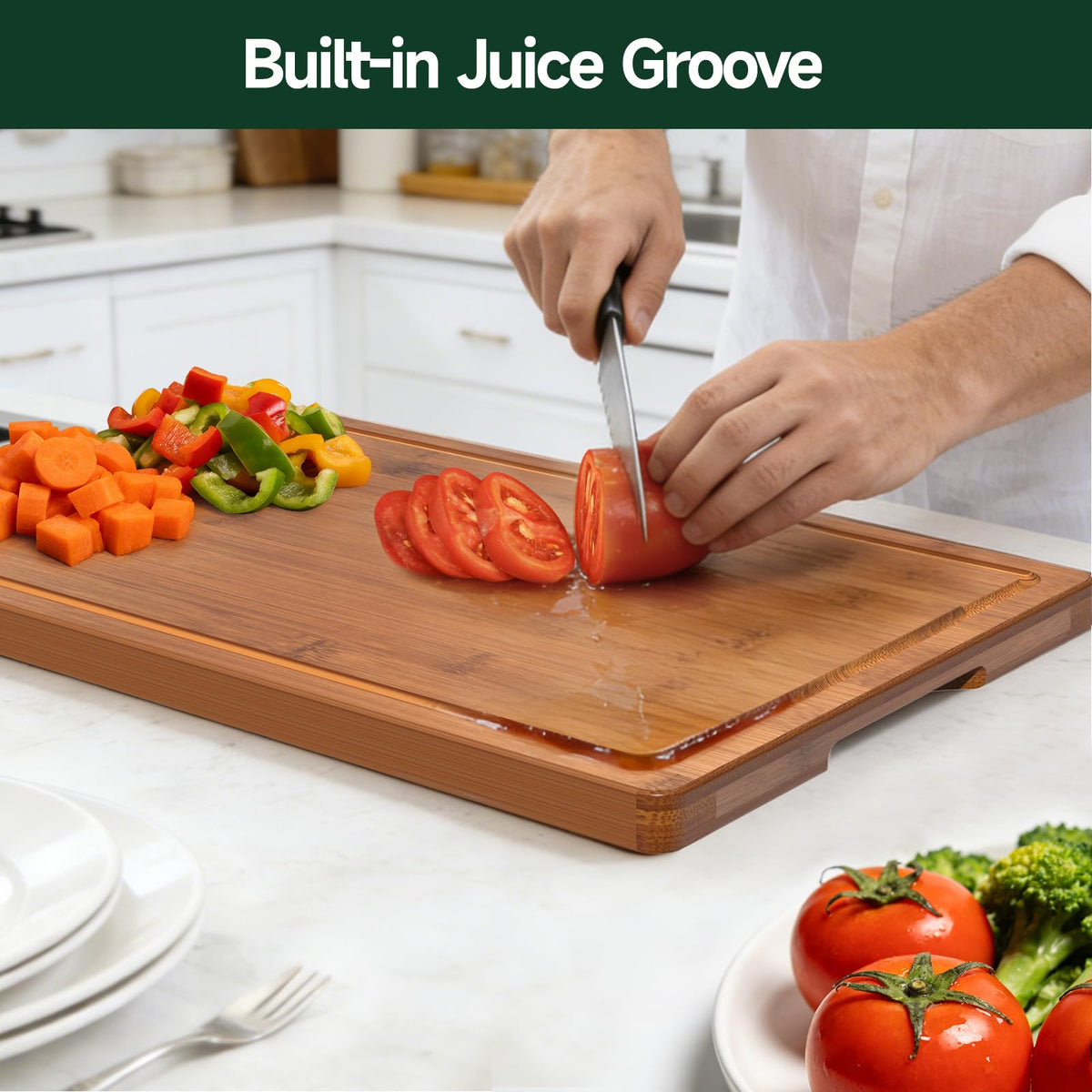 Zeawec 4-Piece Set Deep-Carbonized Bamboo Cutting Board for Kitchen - Crack-Resistant Wood Chopping Boards with Deep Juice Grooves, Pre-Oiled Butcher Block for Meat, Vegetables & Cheese, Carbonized