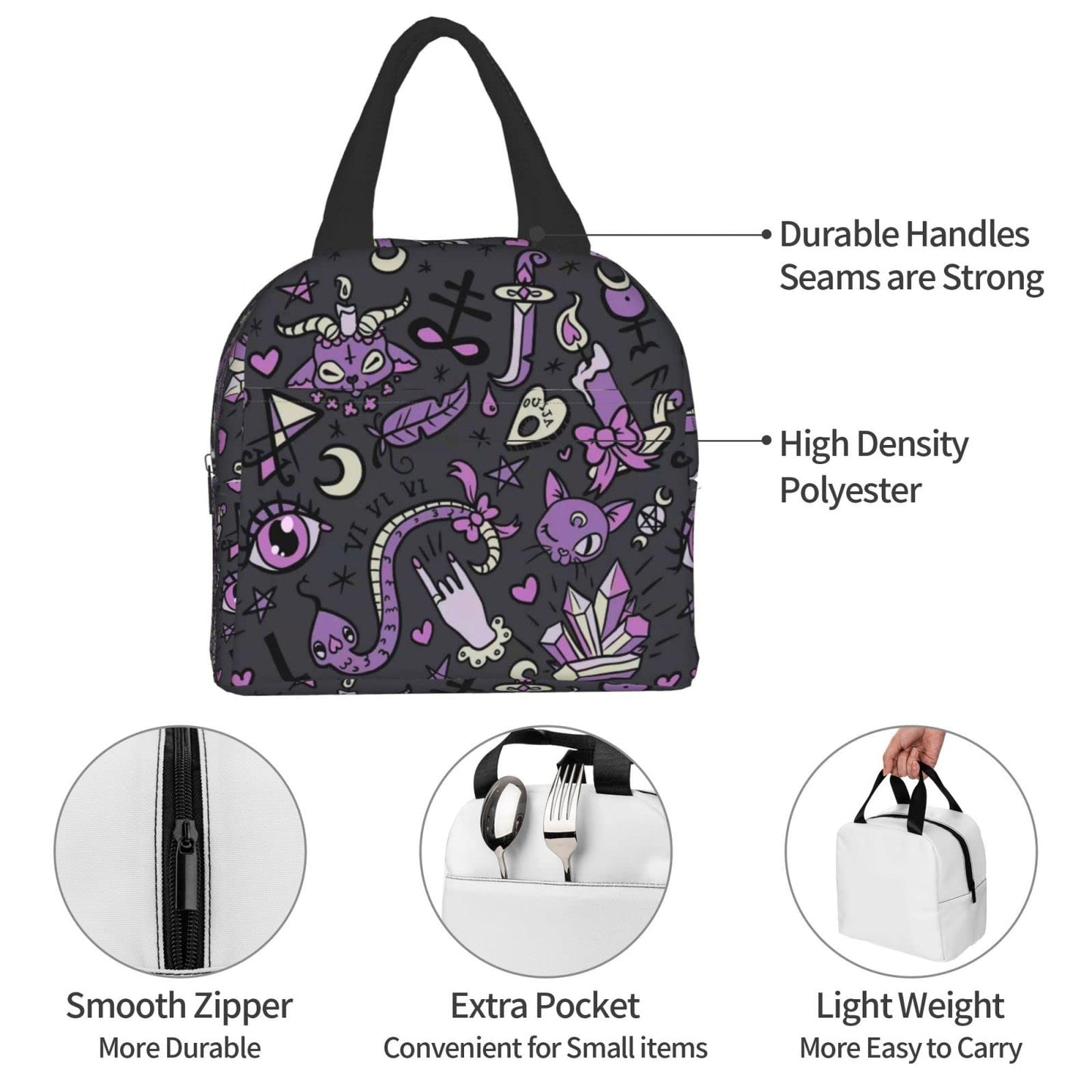 Funacola Magic Goth Spooky Gray Purple Black Lunch Box Reusable Halloween Lunch Bag Witch Insulated Meal Bags Food Container For Boys Girls Men Women Kids School Work Travel Picnic