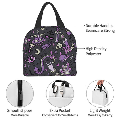 Funacola Magic Goth Spooky Gray Purple Black Lunch Box Reusable Halloween Lunch Bag Witch Insulated Meal Bags Food Container For Boys Girls Men Women Kids School Work Travel Picnic