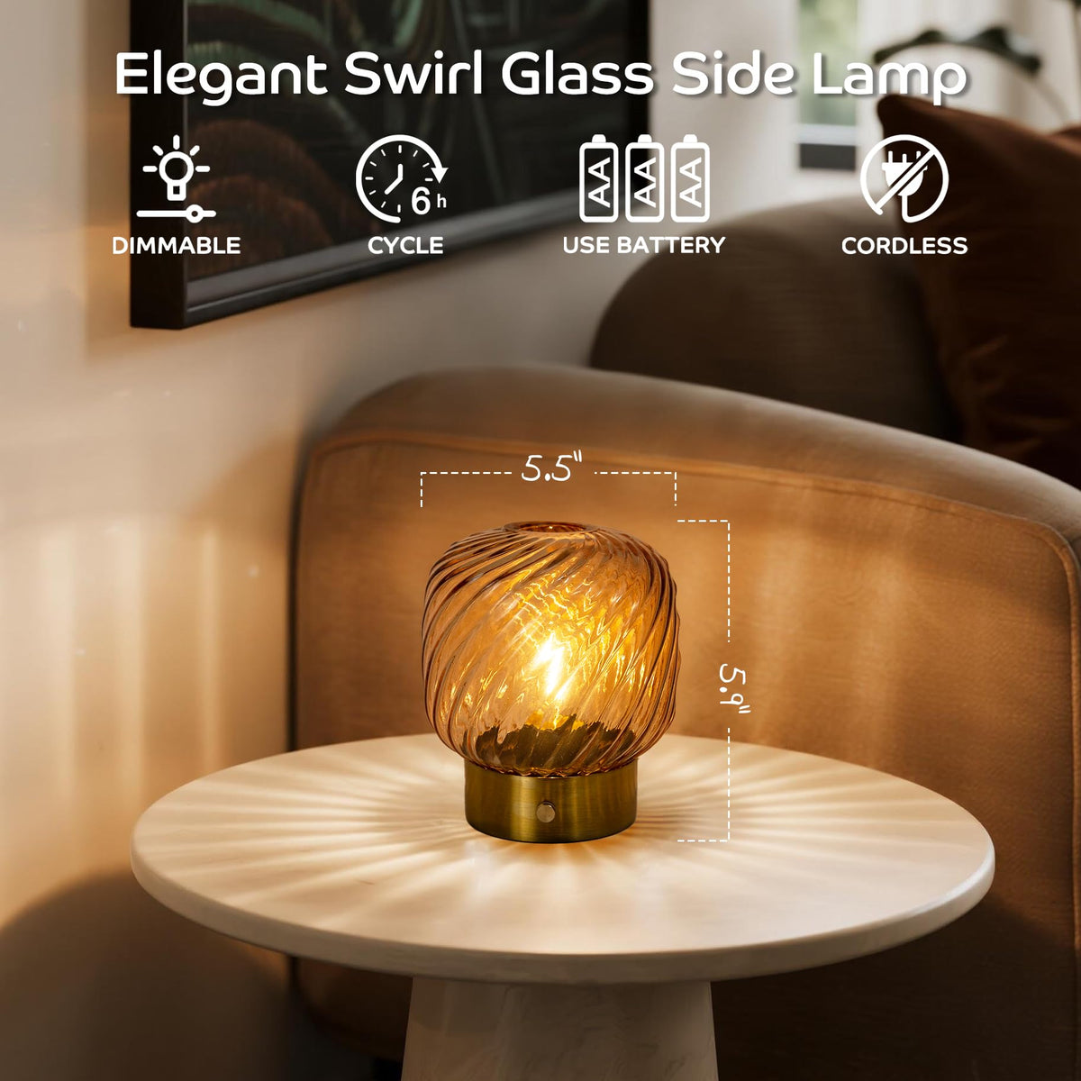 LUSHARBOR Battery Operated Table Lamp with Timer, Stepless Dimming Small Bedside Lamp Battery Powered Cordless Lamp for Home Decor Entryway/Living Room/Coffee Table/Shelf Amber