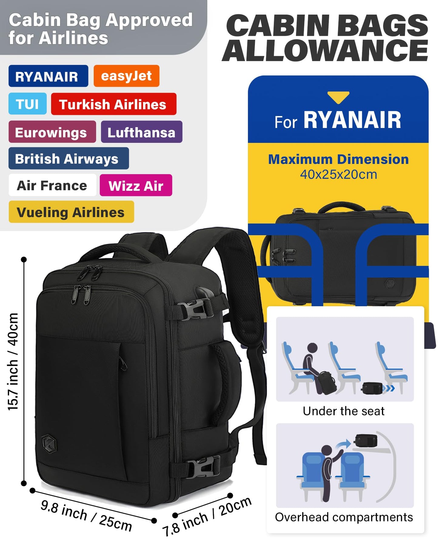 VANKEV Ryanair Cabin Bag 40x20x25 Underseat 20L Travel Bag Hand Luggage Backpack Carry-ons Bag Cabin Size Suitcases for Airplanes Flight Bag Travel Rucksack Fit 14 Inch Laptop Black