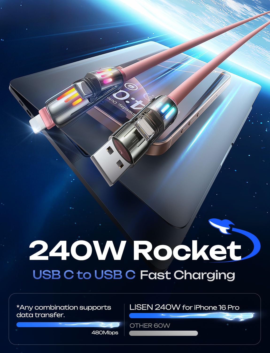 LISEN USB C to Lightning Cable, 240W 4 in 1 Charging Cable 6.6FT, Chubby USB A/C to C/Lightning with Light for iPhone Air 17 16 15 14 Pro/MacBook/iPad/Samsung/Switch 2, Multi Chargers for All Devices