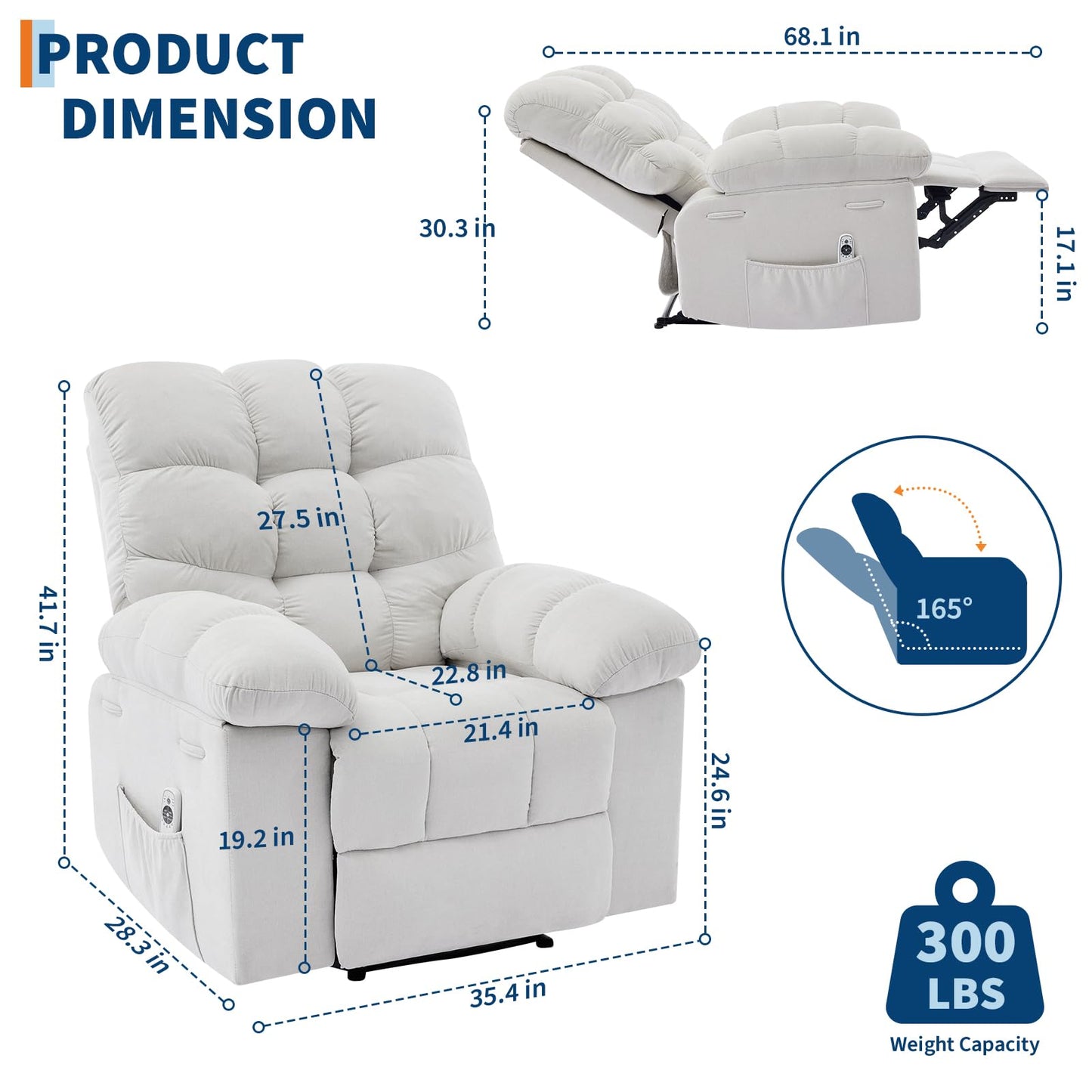 Nursery Chairs, Chair with Massage and Heat,Heat Ergonomic Overstuffed Breathable Fabric Reclining Chair with 2 Side Pockets, Remote Control, Living Room, Bedroom