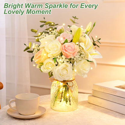 Livole 22Pcs Fake Flowers with Vase Silk White Artificial Flowers in Vase with Light Fake Plant Eucalyptus Flower Arrangement for Table Centerpieces Decor for Living Room Coffee Home Farmhouse