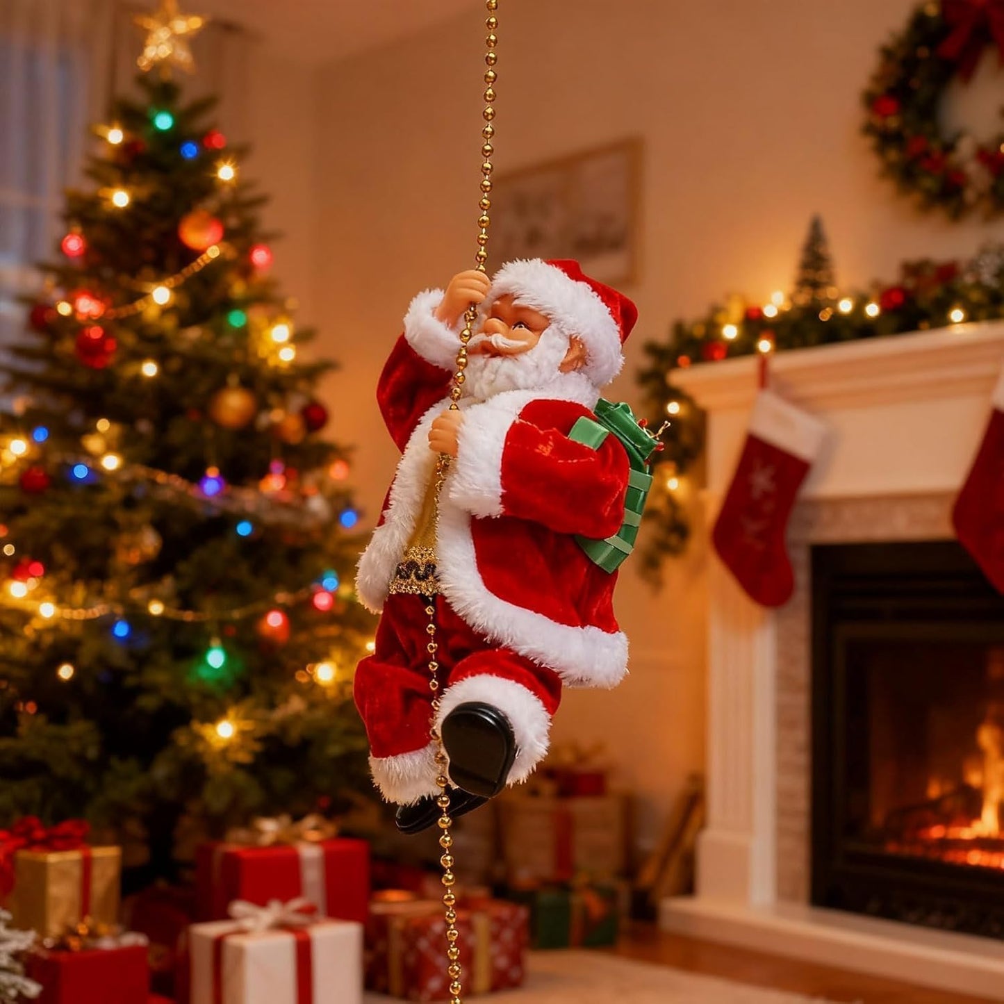 Climbing Santa On Rope,Santa Claus Musical Climbing Rope,Santa Climbing Rope, Christmas Hanging Ornament for Tree, Window, Wall, Home Décor (1Pcs)