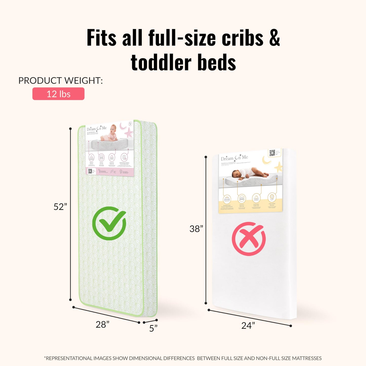Dream On Me Meadow Firm Fiber Crib & Toddler Mattress – Willow Green, Waterproof Vinyl Cover, GREENGUARD Gold & BSA Certified, Made in USA, Fits Full Size Cribs & Toddler Beds