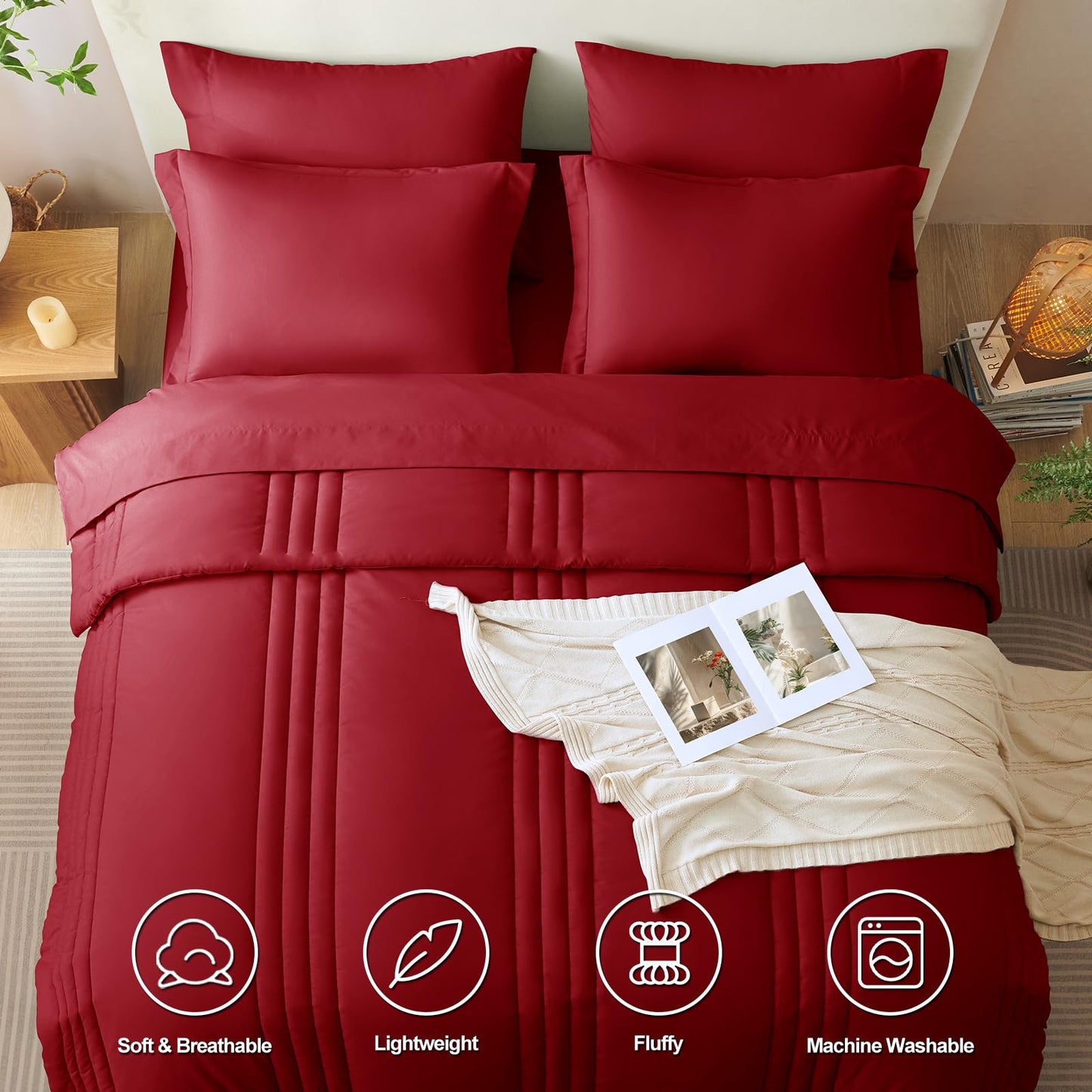 CozyLux Full Size Comforter Sets Dark Red - 7 Pieces Bed in a Bag, Modern Vertical Quilted Room Decor, Soft All-Season Bedding Gift with Comforter, Sheets, Pillowcases & Shams