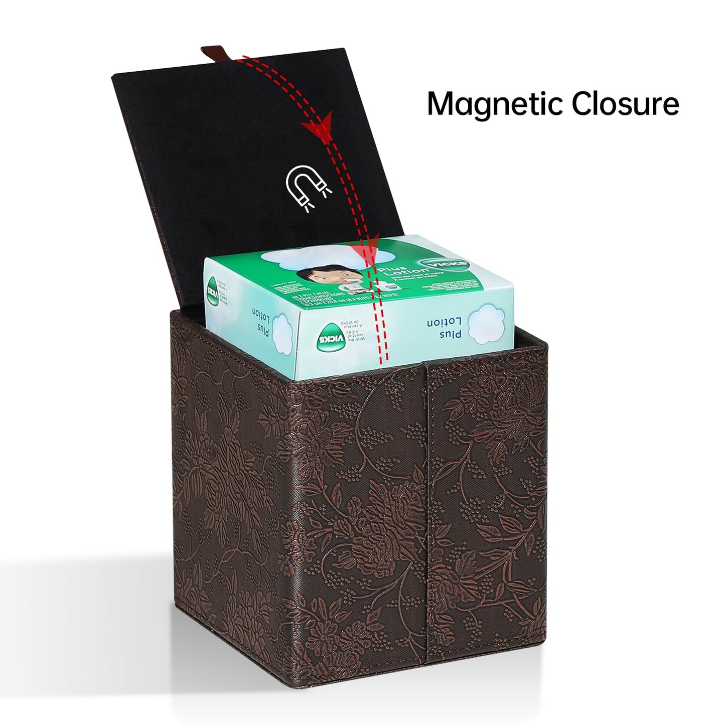 Square Tissue Box Cover, Stylish Leather Tissue Box Holder with Magnetic Bottom, Used As A Decorative Tissue Holder for Living Rooms, Bedrooms, and Desks (Brown Grape Pattern)