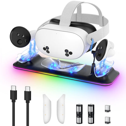 Charging Dock for Meta Quest 3S/3, Kinwin Magnetic Charging Station for Oculus Quest 3S/3 Accessories with RGB Light, Charging Stand for VR Headset & Controller with 2 Rechargeable Batteries (Black)