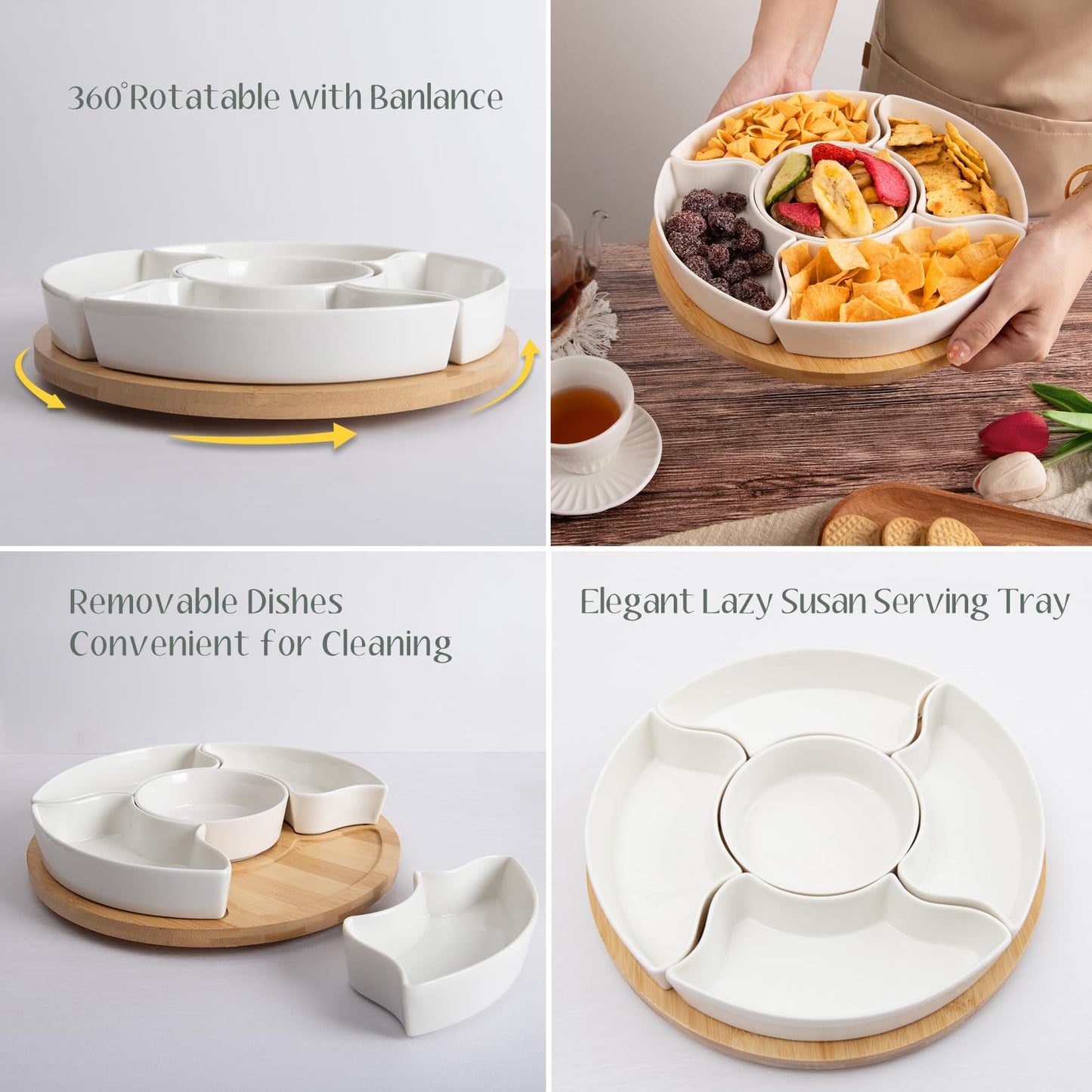 Serving Tray, Rotatable Serving Platters and Trays-11 Inch Divided Serving Dishes for Parties Kitchen Decor, Removable Serving Bowls for Chips and Dip, Condiment, Fruit, Veggies, Nut, Candy and Snacks