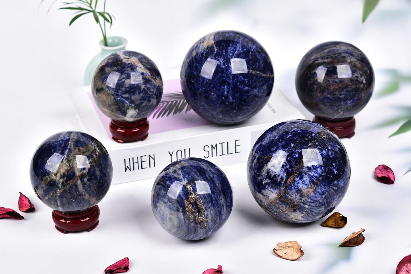 AMOYSTONE Blue Sodalite Decorative Ball 2.8-3.2" with Wood Stand – Large Healing Sphere for Reiki, Feng Shui