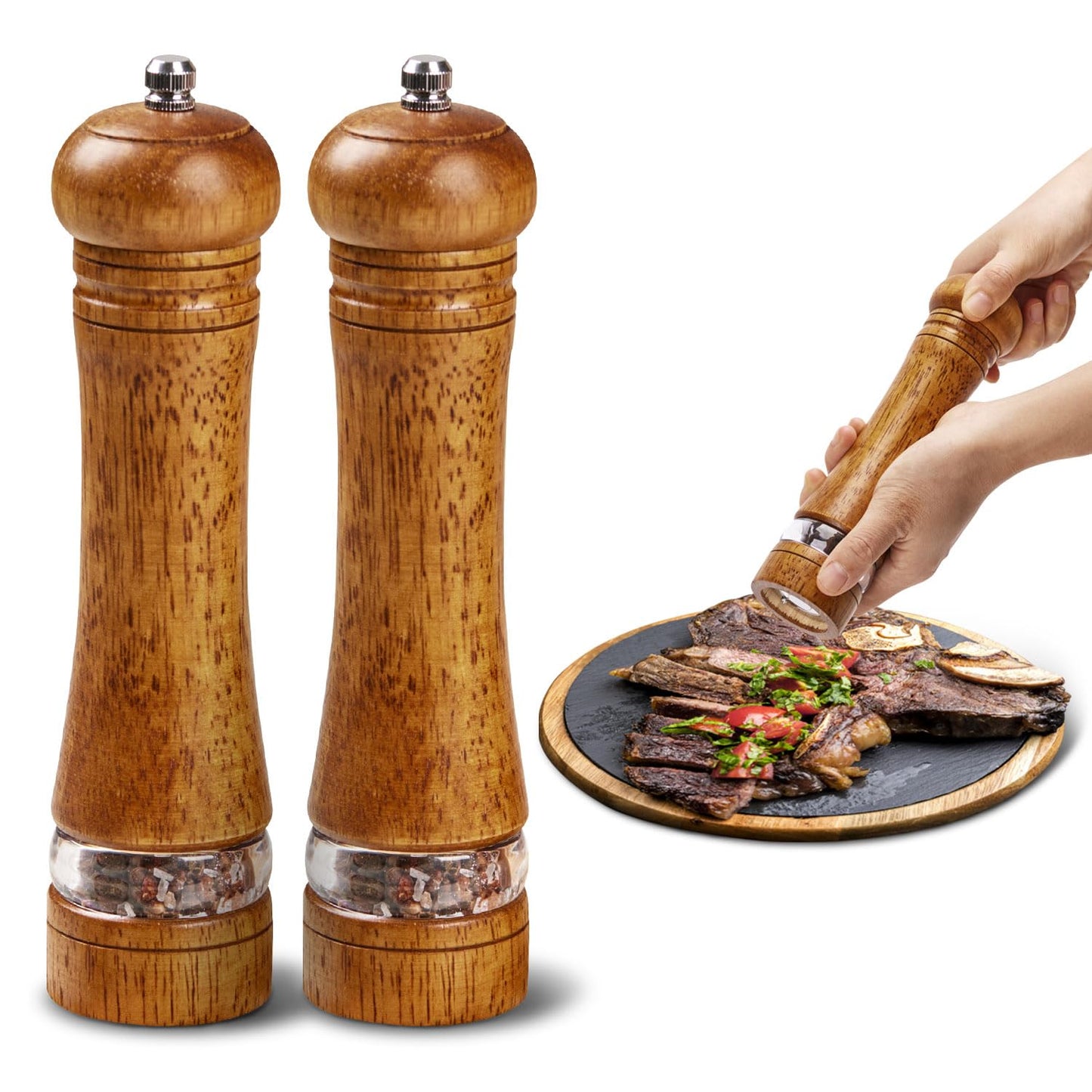 ROCKSHEAT Wooden Pepper Grinder Set of 2, 8 Inch Beech Wood Pepper Mills with Stainless Steel Core, Manual Pepper Grinder with Comfort Grip & Effortless Grinding for Kitchen Cooking