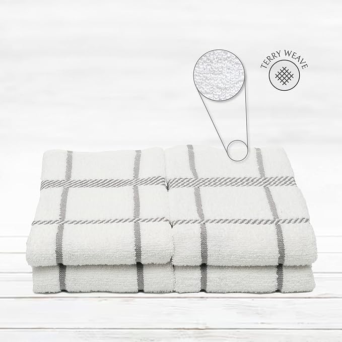 100% Cotton Terry Dish Towels, 4 Pack Checks, 16 x26 Inches, Super Soft and