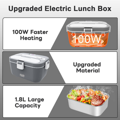 DUPASU Electric Lunch Box Food Warmer: 100W Heated Lunch Box for Adults, 1.8L Portable Fast Heating Lunchbox Food Heater for Car, Truck, Work, Travel, Lonchera Elctrica Porttil 12/24V/110-230V