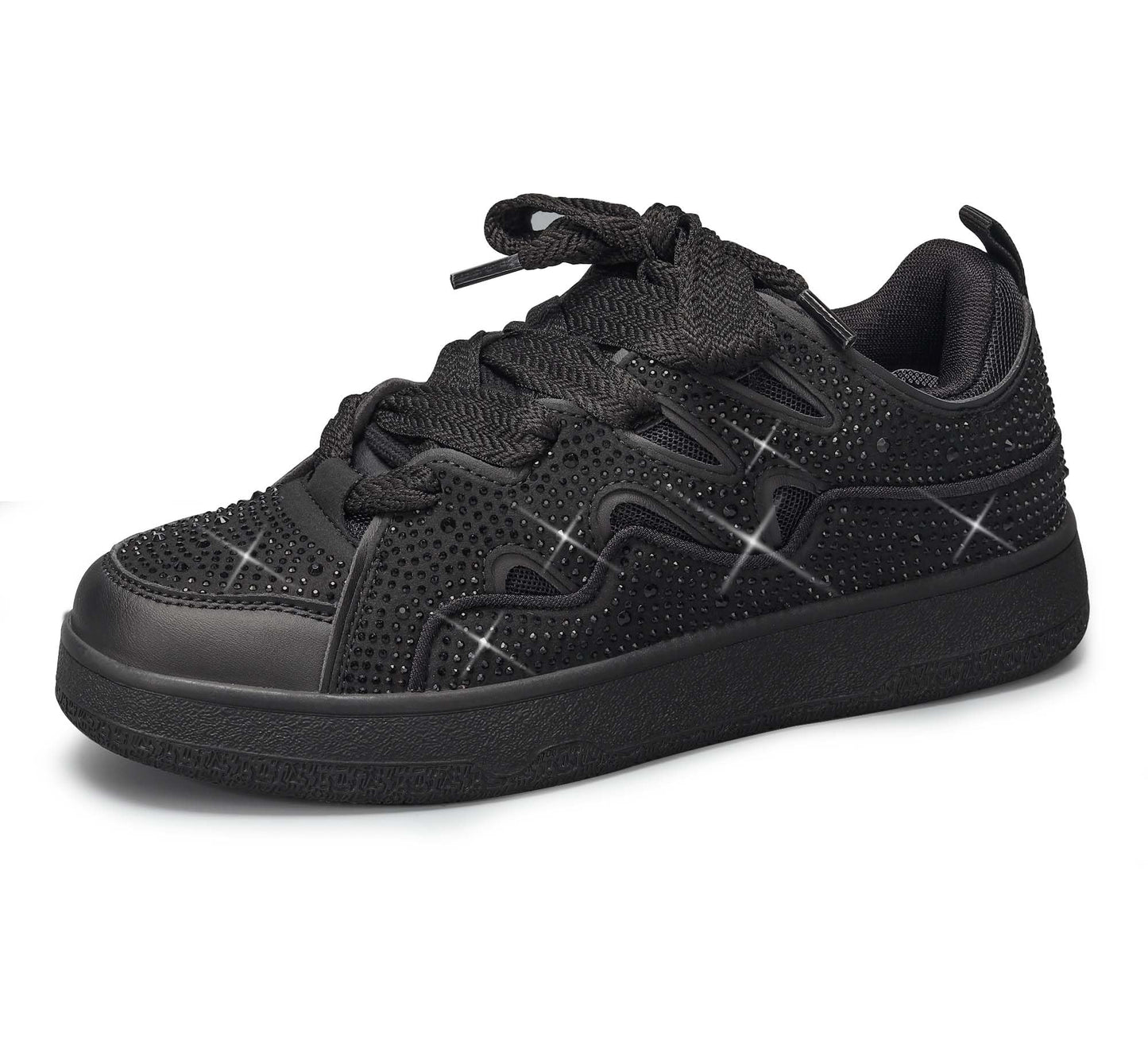 LUCKY STEP Women's Sparkle Rhinestone Fashion Sneakers Walking Tennis Bling Glitter Roaring Shoes Platform Lace up Casual Mesh Sneaker(Black Rhinestone,7)