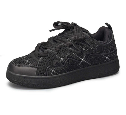 LUCKY STEP Women's Sparkle Rhinestone Fashion Sneakers Walking Tennis Bling Glitter Roaring Shoes Platform Lace up Casual Mesh Sneaker(Black Rhinestone,7)