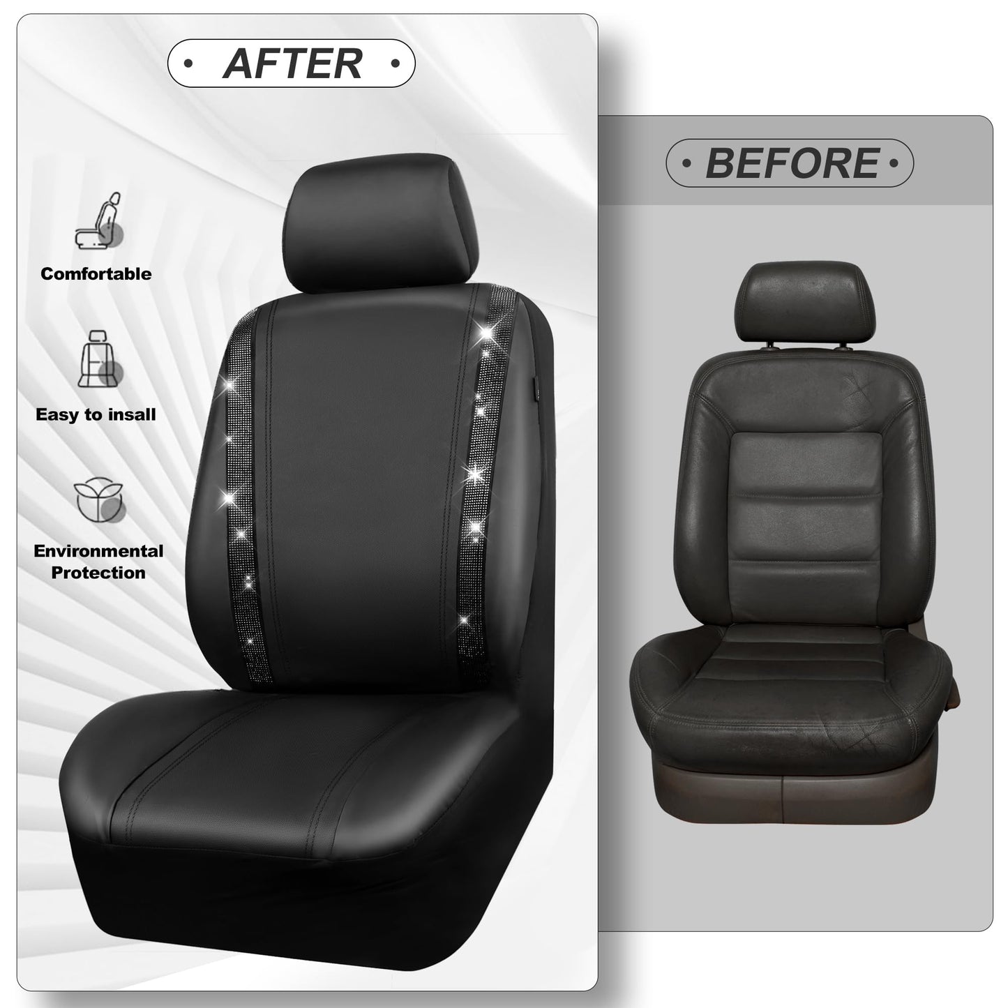 CAR PASS Leather Bling Diamond Car Seat Covers Full Set, Shining Rhinestone Waterproof Durable Rear with Zipper, Universal Fit Automotive Glitter Crystal Sparkle Strip for Cute Women Girly Black