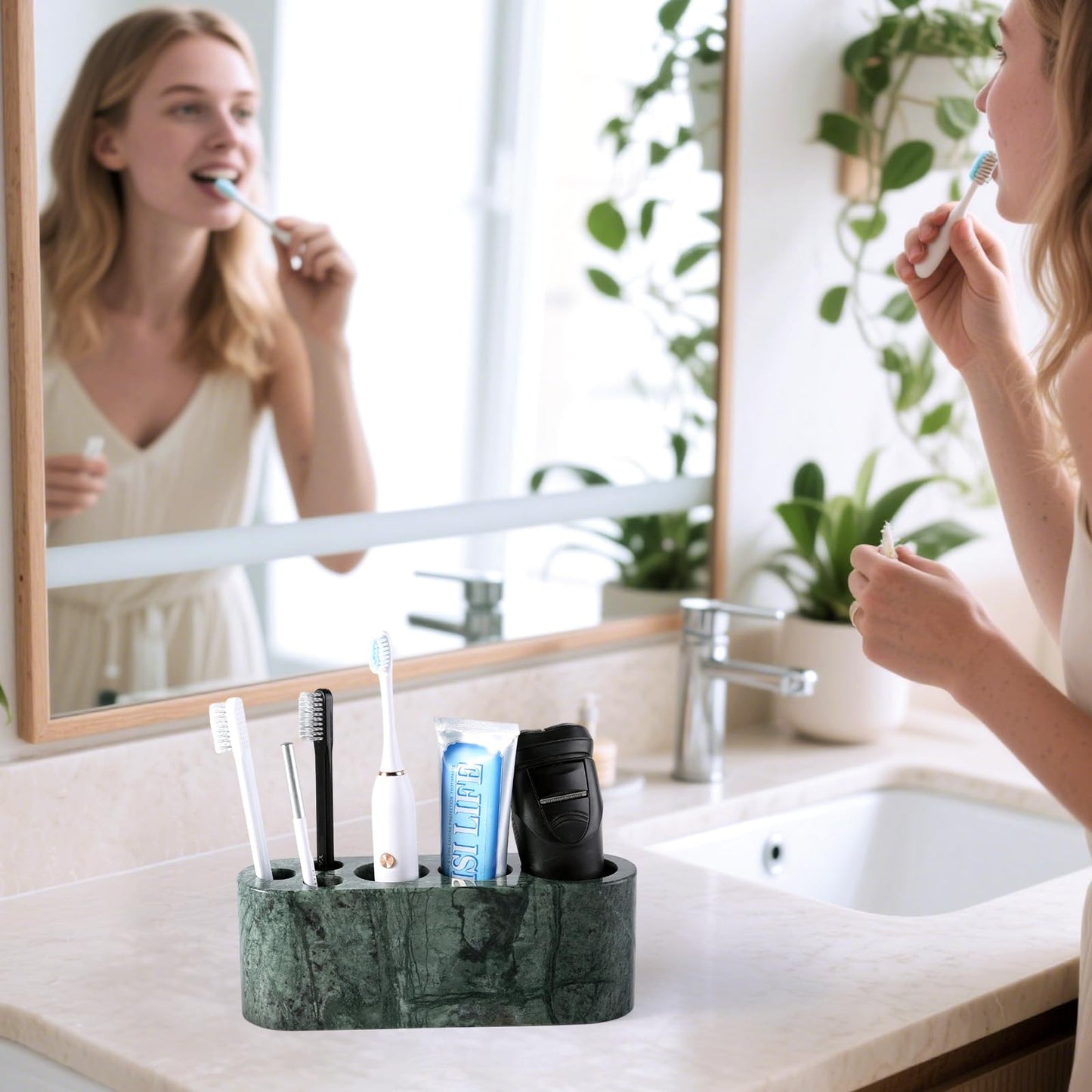 BCS Toothbrush Holder for Bathrooms, 6 Slots Marble Toothbrush Organizer, Makeup Brush Stand Toothbrush Storage Collection for Bathroom Countertop Vanity Organization - Indian Green